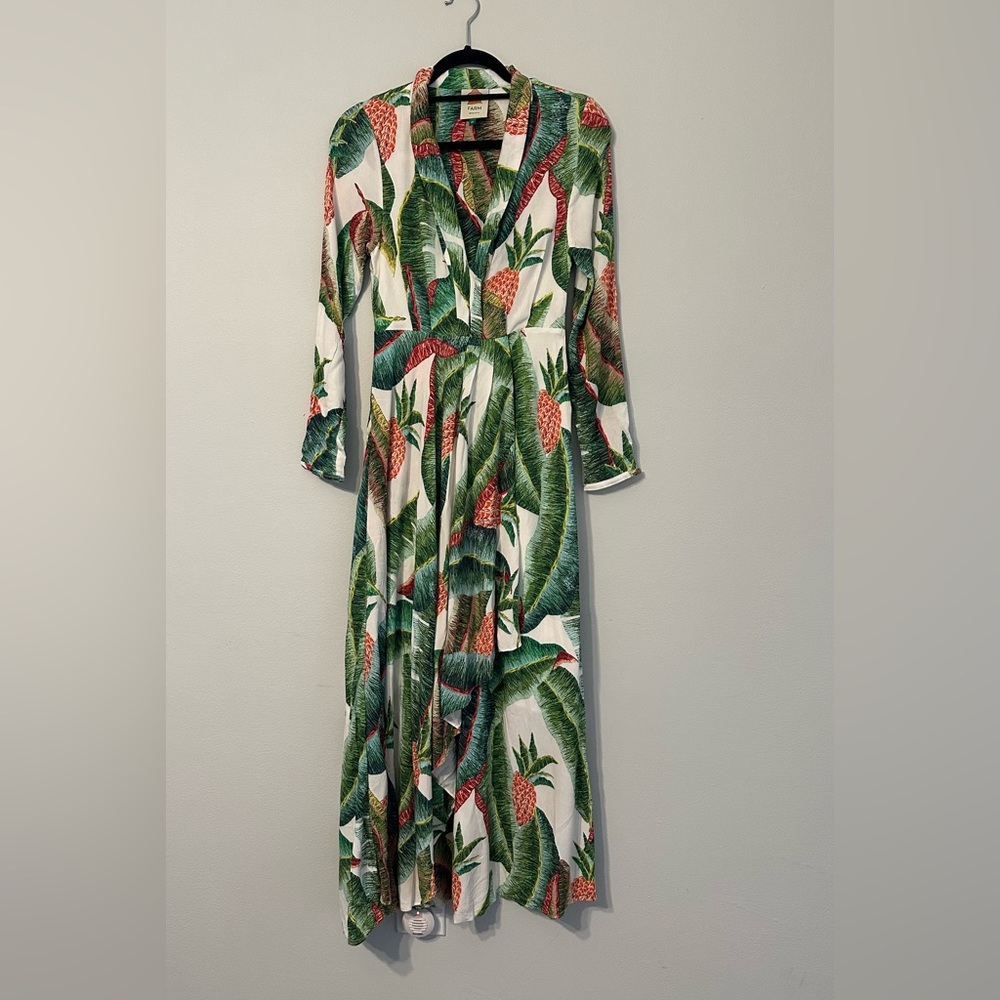 Long Sleeve Maxi Dress with Tropical Pineapple Print - Green/White/Coral